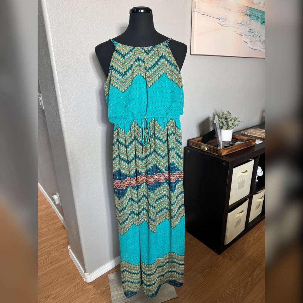 Chevron Patterned Teal Multicolored Maxi Dress